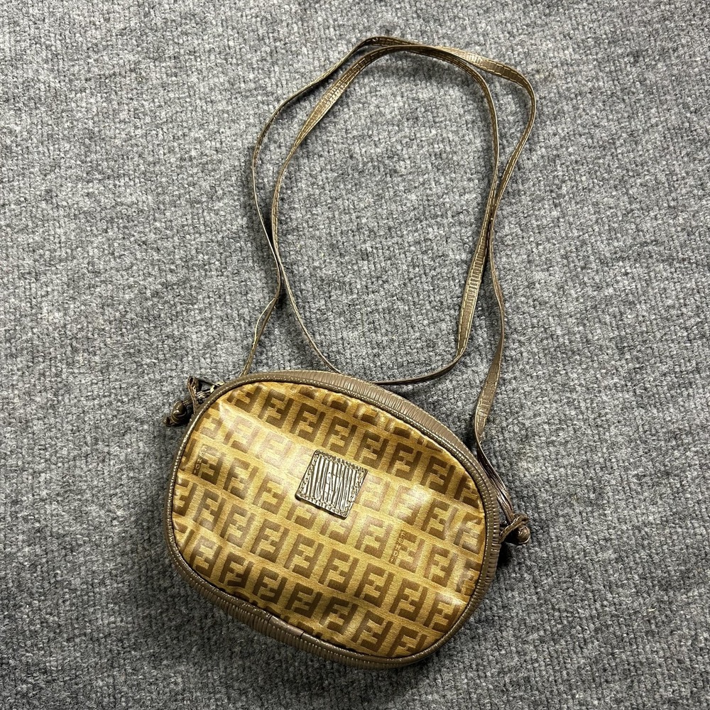 Vintage Fendi St. Zucca Crossbody Bag Womens Small Brown Canvas Leather Logo